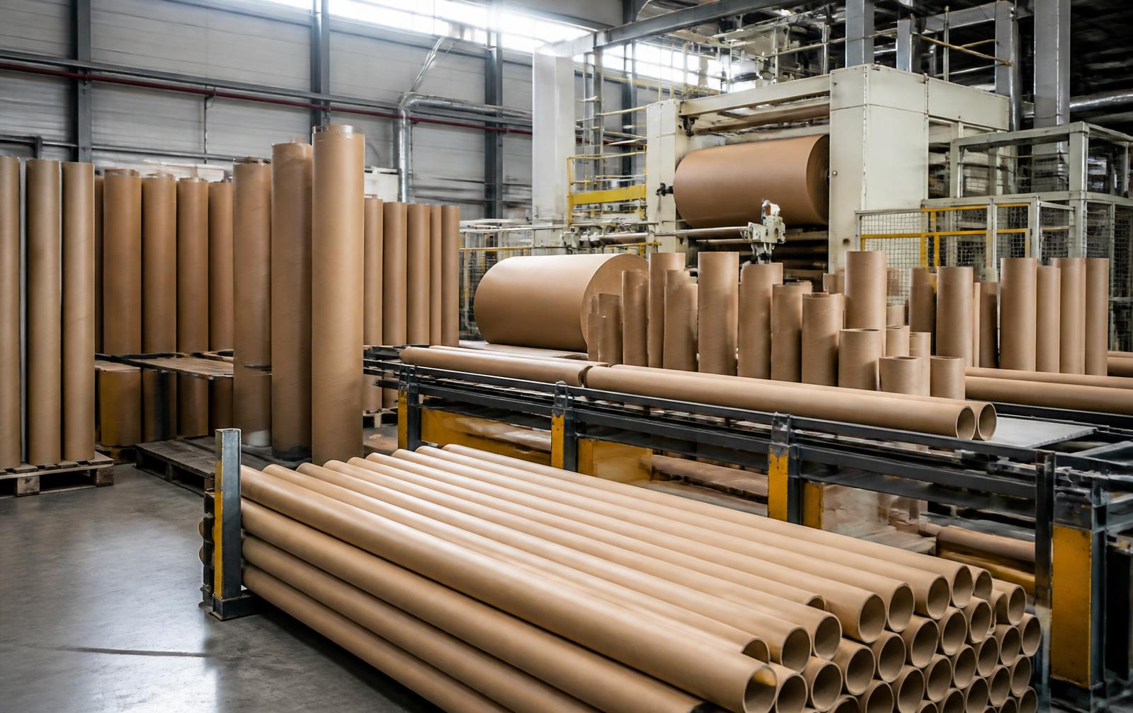 Interior de la planta de fabricación de tubos y tambores de cartón